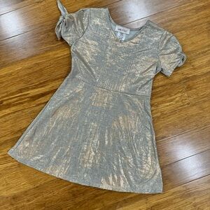Girls Metallic Gold & Silver Tie Sleeve Dress